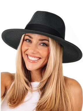 Black Wide-Brim Straw Fedora Hat with Ribbon Band